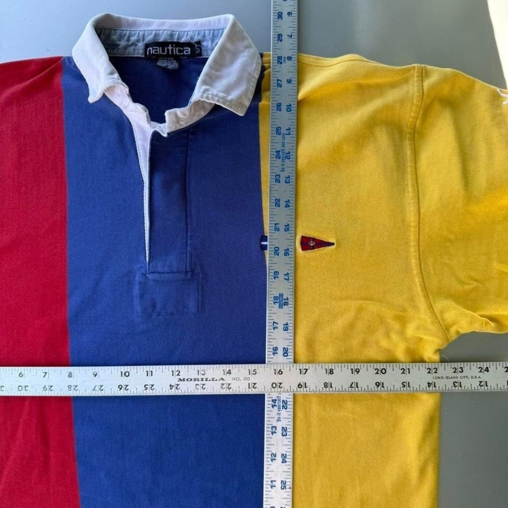Nautica US2 USA navy and yellow long sleeve polo shirt rugby polo VTG PREPPY - Picture 6 of 8